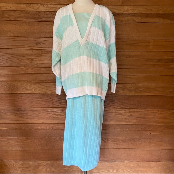 Vintage Dresses & Skirts - Vintage 80s mint green pastel striped Pierre Cardin sweater set
